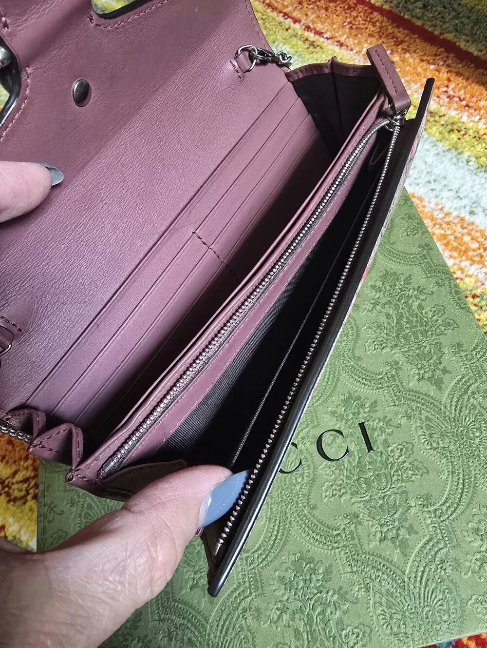 Authentic Gucci Floral Print Chain Wallet in Pink and Green